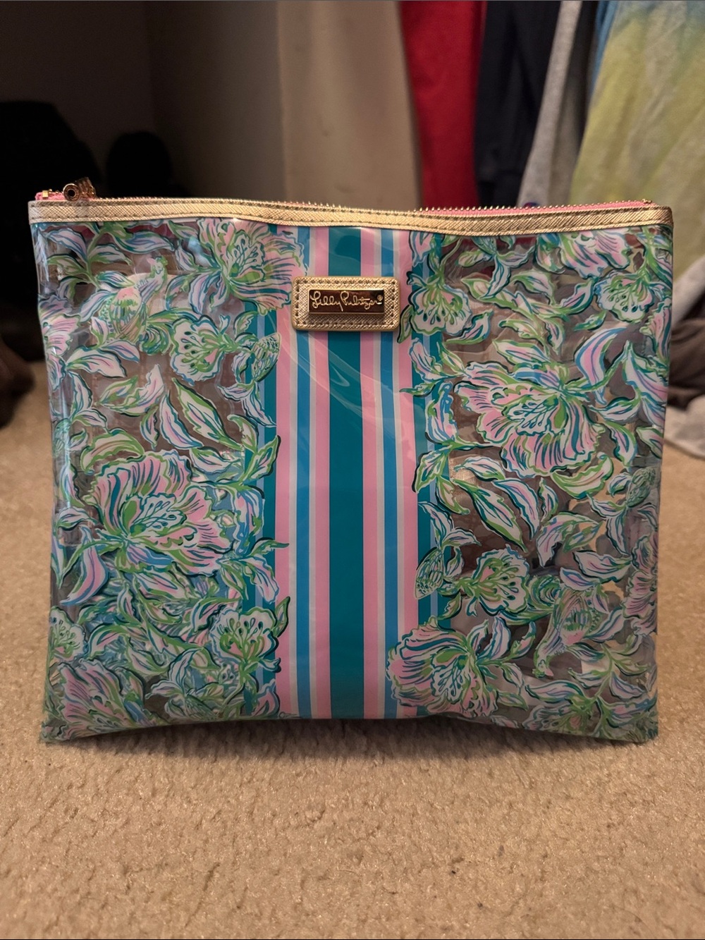 Lilly Pulitzer Floral Stripe Cosmetic Pouch in Pink, Teal & Green